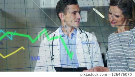 Image of diagrams and data processing over caucasian male doctor talking with female patient 126476070