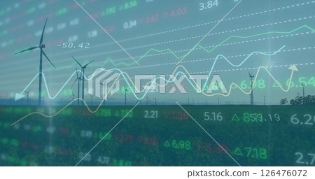 Image of diagrams and stock market over wind turbines 126476072