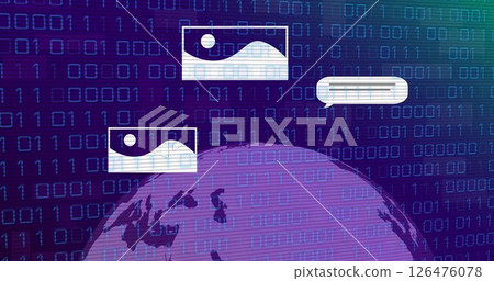 Image of data processing over globe with icons on blue background Image of data processing over globe with icons on blue background 126476078