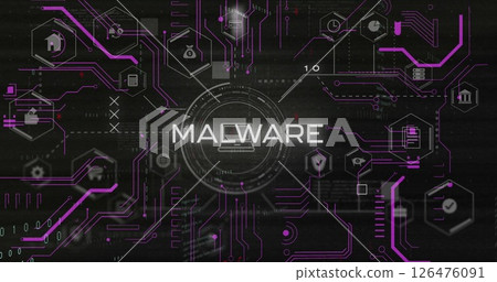 Image of data processing and connections over malware text and media icons Image of data processing and connections over malware text and media icons 126476091