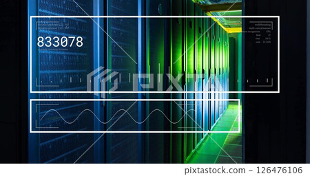 Image of data processing and diagrams over server room Image of data processing and diagrams over server room 126476106