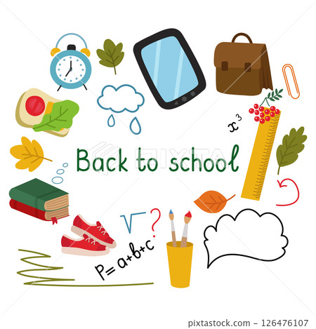 Banner, poster, back to school. Tablet, briefcase, brushes, ruler, alarm clock, sneakers, handwriting, book, arrows. Vector illustration isolated. For printing, design, decoration Banner, poster, back to school. Tablet, briefcase, brushes, ruler, alarm clock, sneakers, handwriting, book, arrows. Vector illustration isolated. For printing, design, decoration 126476107