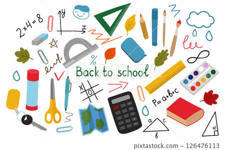 Back to school, a collection of hand-drawn clipart. Calculator, accessories, brushes, ruler, scissors, map, handwriting, book. Vector illustration isolated. 126476113