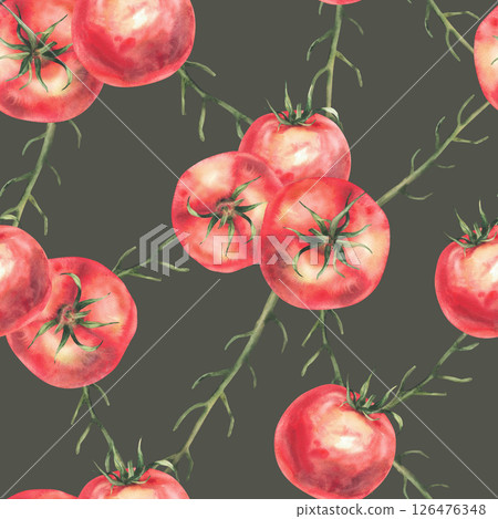 Red Tomatoes with stalk, green plant stem. Vegetables seamless pattern. Realistic watercolor painted illustration. Ripe juicy fruit, farming food clipart for fabric, packaging Isolated dark background Red Tomatoes with stalk, green plant stem. Vegetables seamless pattern. Realistic watercolor painted illustration. Ripe juicy fruit, farming food clipart for fabric, packaging Isolated dark background 126476348