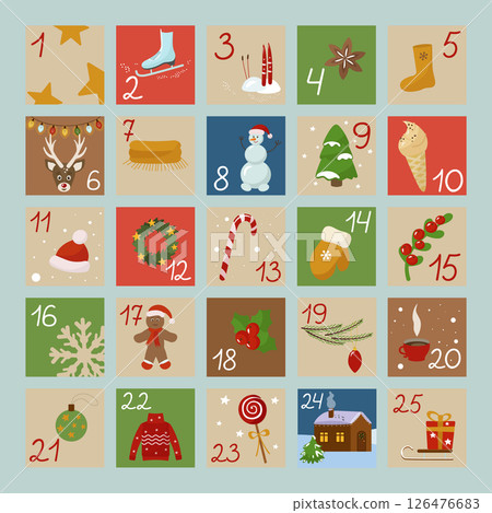Advent calendar for Christmas. Dates from the first to the 25th on cards with new year's pictures. Vector. Advent calendar for Christmas. Dates from the first to the 25th on cards with new year's pictures. Vector. 126476683