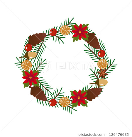 Christmas wreath with green fir branches, poinsettia, orange, cones, berries and acorns. New Year vector illustration, postcard, banner, poster. Christmas wreath with green fir branches, poinsettia, orange, cones, berries and acorns. New Year vector illustration, postcard, banner, poster. 126476685