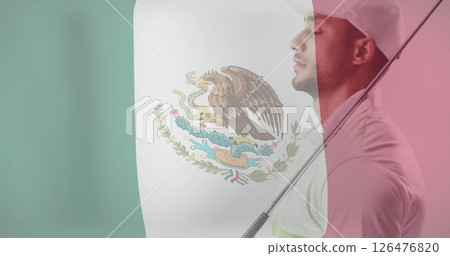 Image of flag of mexico over biracial male golfist Image of flag of mexico over biracial male golfist 126476820