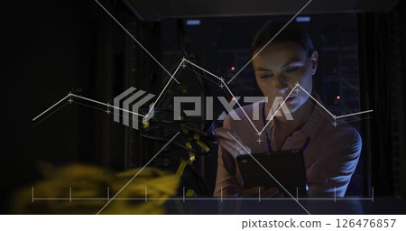 Image of diagram over caucasian female worker in server room Image of diagram over caucasian female worker in server room 126476857