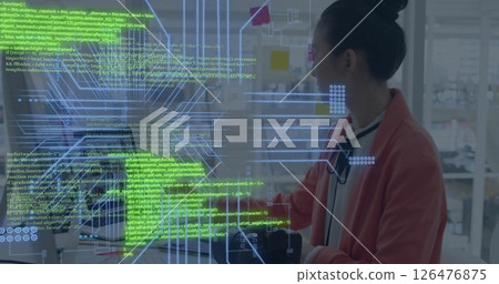 Image of computer circuit board with data processing over caucasian businesswoman in office 126476875