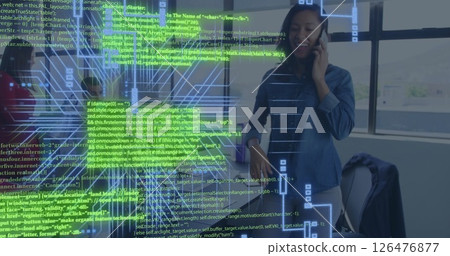 Image of computer circuit board with data processing over african american businesswoman Image of computer circuit board with data processing over african american businesswoman 126476877