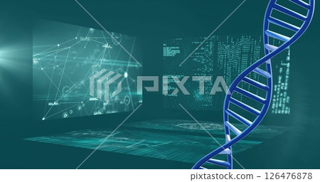 Image of dna strand over data processing on blue background Image of dna strand over data processing on blue background 126476878