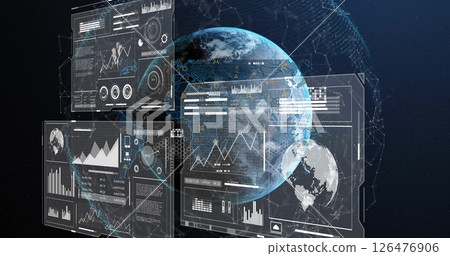 Image of data processing over media icons and globe Image of data processing over media icons and globe 126476906