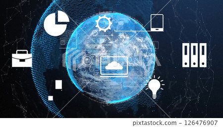 Image of data processing over media icons and globe Image of data processing over media icons and globe 126476907