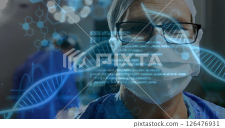 Image of dna strand and medical data processing over biracial female doctor in face mask Image of dna strand and medical data processing over biracial female doctor in face mask 126476931