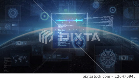 Image of data processing over globe on black background 126476943