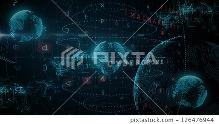 Image of data processing over globes on black background Image of data processing over globes on black background 126476944