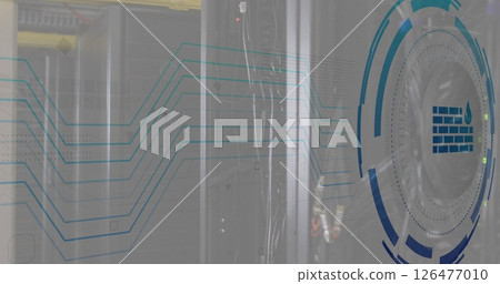 Image of fire wall icon and digital data processing over computer servers Image of fire wall icon and digital data processing over computer servers 126477010