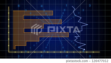 Image of data processing and diagrams on blue background Image of data processing and diagrams on blue background 126477012