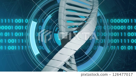 Image of dna strand over scope scanning and data processing 126477017