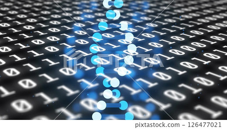 Image of dna strand over data processing on black background 126477021