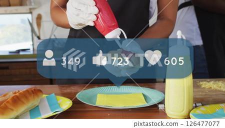 Squeezing ketchup onto food, social media likes and followers image over scene Squeezing ketchup onto food, social media likes and followers image over scene 126477077