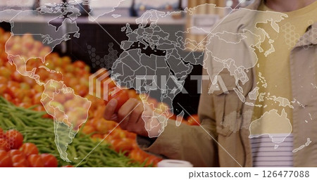 World map image over fresh vegetables at market 126477088