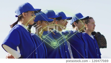 Baseball field diagram image over team of players in blue uniforms Baseball field diagram image over team of players in blue uniforms 126477089