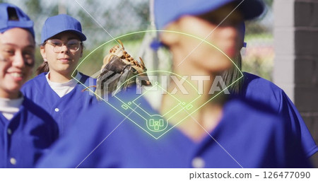 Baseball field diagram image over players in blue uniforms 126477090