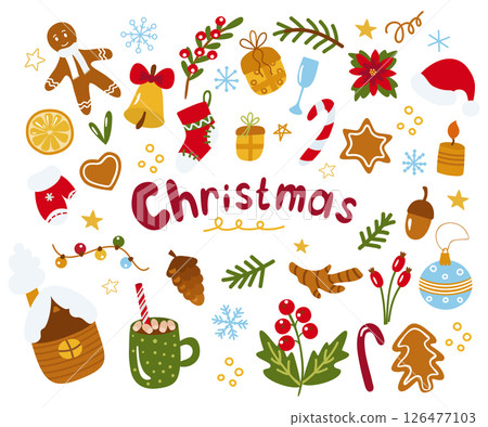 Christmas set of elements. Candy cane, mitten, sock, cap, mistletoe, holly, cone, spruce, mug, gingerbread man, gift. Vector illustration for postcards, web, design, decor, scrapbooking. Christmas set of elements. Candy cane, mitten, sock, cap, mistletoe, holly, cone, spruce, mug, gingerbread man, gift. Vector illustration for postcards, web, design, decor, scrapbooking. 126477103