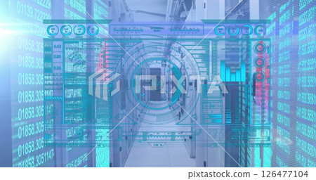 Digital data processing image over server room with futuristic interface Digital data processing image over server room with futuristic interface 126477104