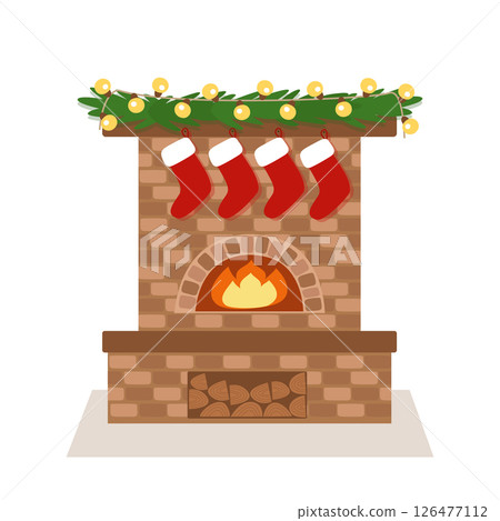 Christmas brick fireplace, decorated with spruce branches, a garland and socks for gifts. New Year's holidays. Vector flat illustration for a postcard, banner. 126477112