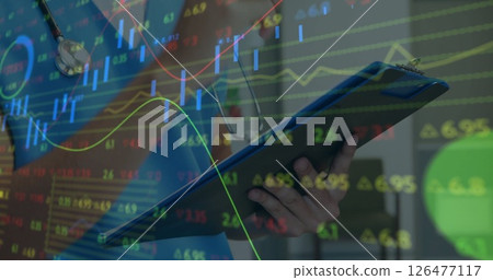 Holding clipboard, medical professional with stethoscope over financial data image Holding clipboard, medical professional with stethoscope over financial data image 126477117