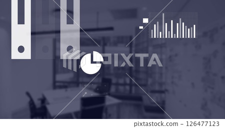 Business data charts and graphs image over modern office background 126477123