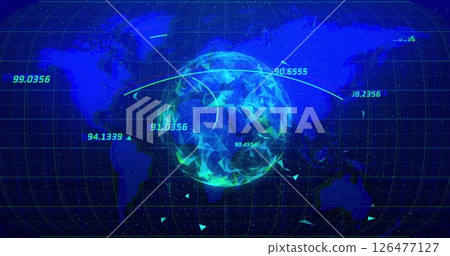 Rotating globe with numerical data and network connections image over world map 126477127