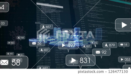 Social media notifications and data processing image over cityscape and code Social media notifications and data processing image over cityscape and code 126477130