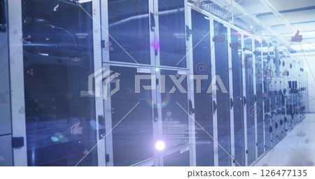 Data processing and social media icons image over server racks in data center 126477135