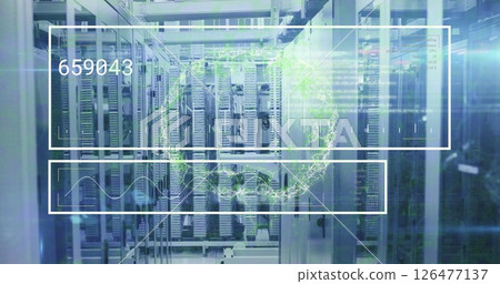 Digital data processing image over servers in data center Digital data processing image over servers in data center 126477137