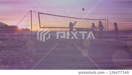 Playing beach volleyball at sunset, image of purple bokeh and lines over scene 126477140