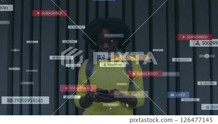 Notifications and social media interactions image over woman using smartphone Notifications and social media interactions image over woman using smartphone 126477145