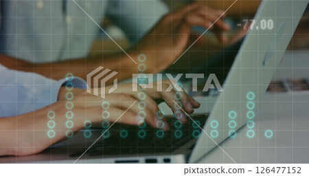Typing on laptops, binary code and data processing image over hands Typing on laptops, binary code and data processing image over hands 126477152