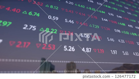 Image of stock market and diagram over cityscape 126477172