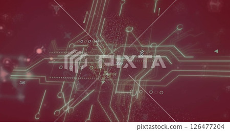 Image of white shapes moving and molecules on red background Image of white shapes moving and molecules on red background 126477204