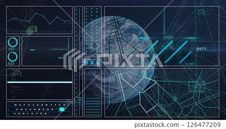 Image of data processing and diagrams over media icons and globe Image of data processing and diagrams over media icons and globe 126477209