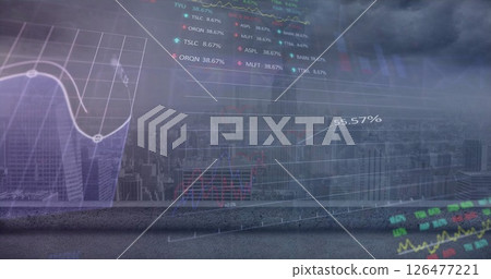 Image of financial data processing over cityscape 126477221