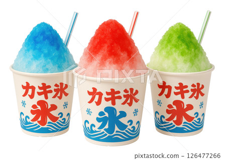 Three vibrant and tempting cups of flavored shaved ice treats known as Kakigri 126477266
