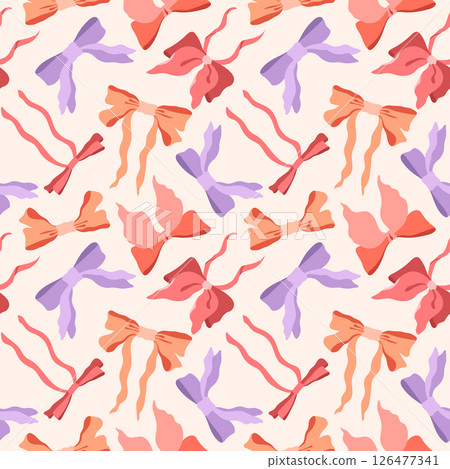 Cute ribbon bows vector seamless pattern. Coquette repeat tile. Red, lilac, orange bowknots on pastel off-white background. Playful modern stylish girly design for wrapping paper, birthday packaging Cute ribbon bows vector seamless pattern. Coquette repeat tile. Red, lilac, orange bowknots on pastel off-white background. Playful modern stylish girly design for wrapping paper, birthday packaging 126477341