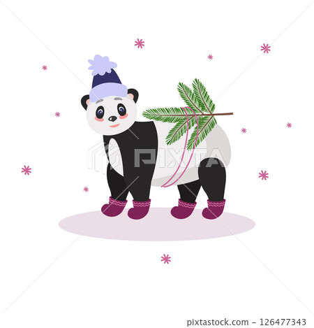 A Christmas card with a panda bear carrying fir branches. In warm winter clothes, a hat and felt boots. Vector illustration for design and decor, banner 126477343