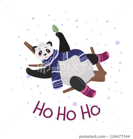 Ho-ho-ho, a Christmas card with a panda bear on a tree and an inscription. In warm winter clothes, scarf and socks. Vector illustration for design and decor, banner 126477344