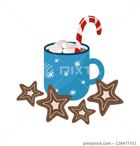 Christmas mug with cocoa, marshmallows and candy cane. Next to a star shaped ginger cookie. Vector holiday illustration. 126477351