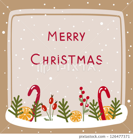 Merry Christmas. Greeting card with text on the background of snow with candy cane, fir branches, berries, orange. Vector illustration, for printing or design 126477371